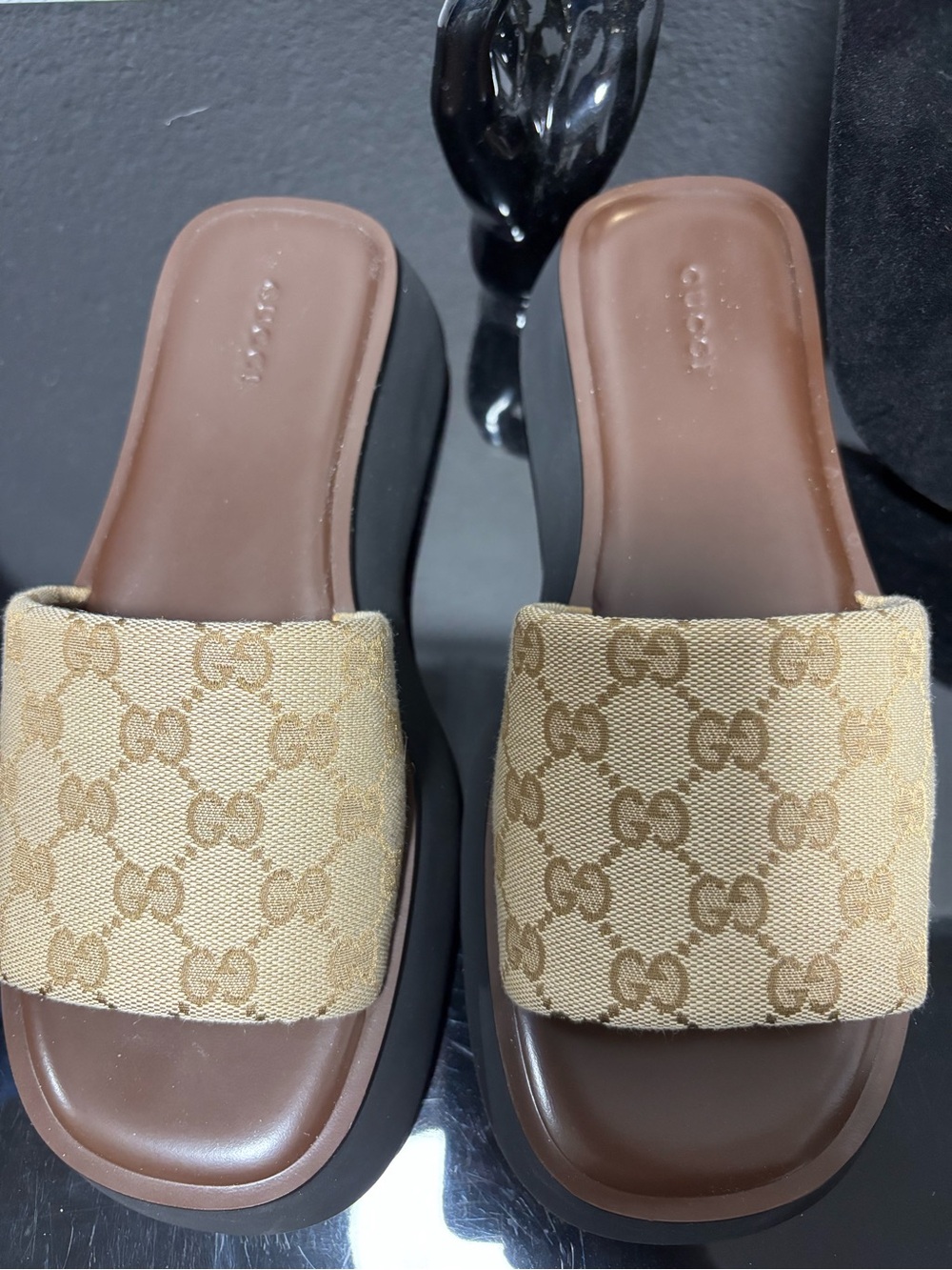 Gucci Beige GG Canvas Slide Mules with Brown Footbed and Black Platform